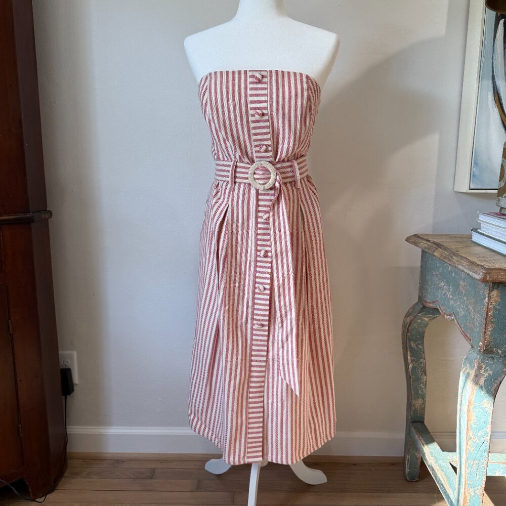 Moon River Red and White Striped Seersucker Belted Strapless Dress